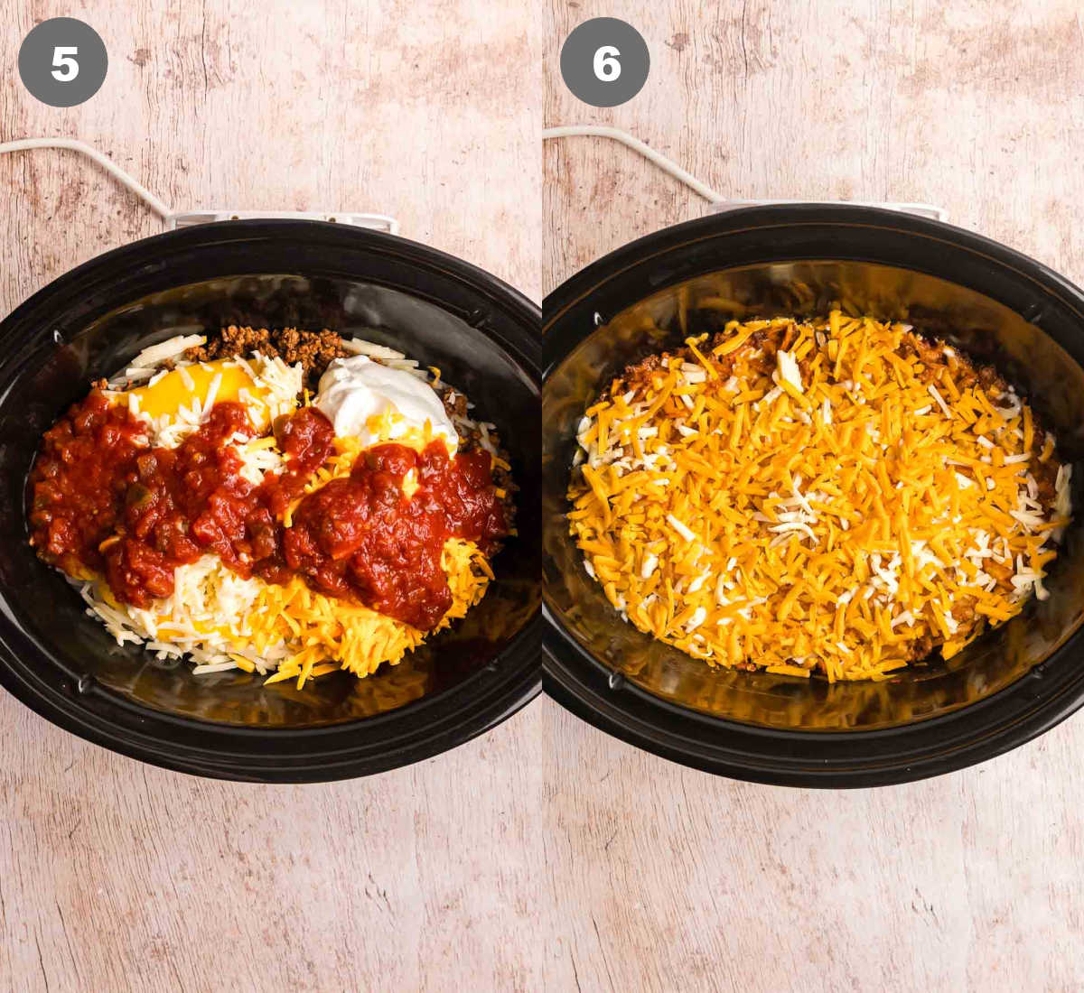 Steps 5 and 6 to make crock pot taco casserole.