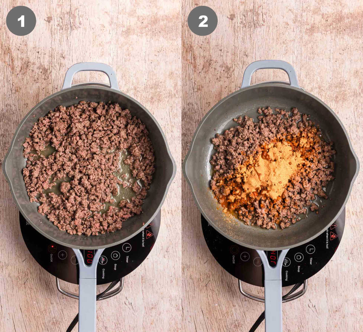Steps 1 and 2 for making slow cooker taco casserole.