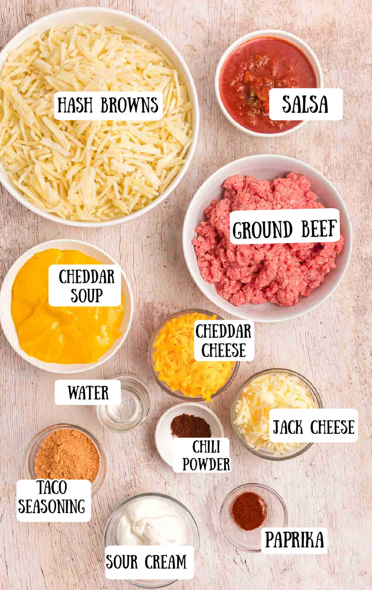 Labeled ingredients for crock pot taco casserole.