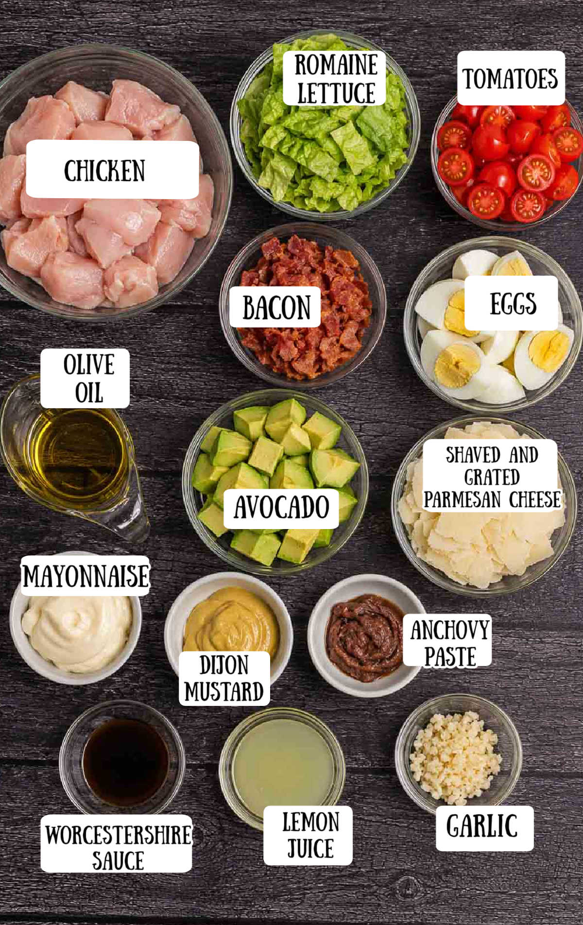 Labeled ingredients for grilled chicken caesar salad.