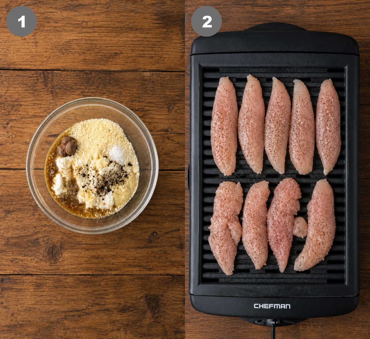Steps 1 and 2 for making chicken caesar salad.