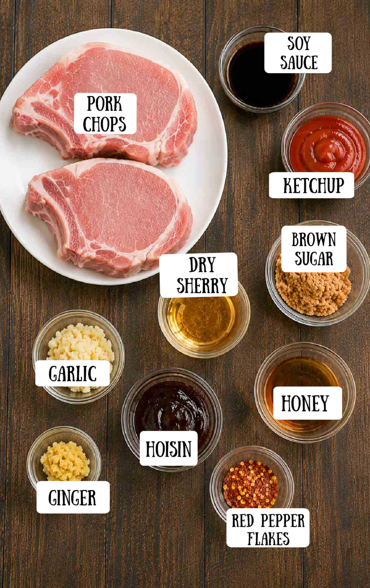 Labeled ingredients for grilled hoisin pork chops.