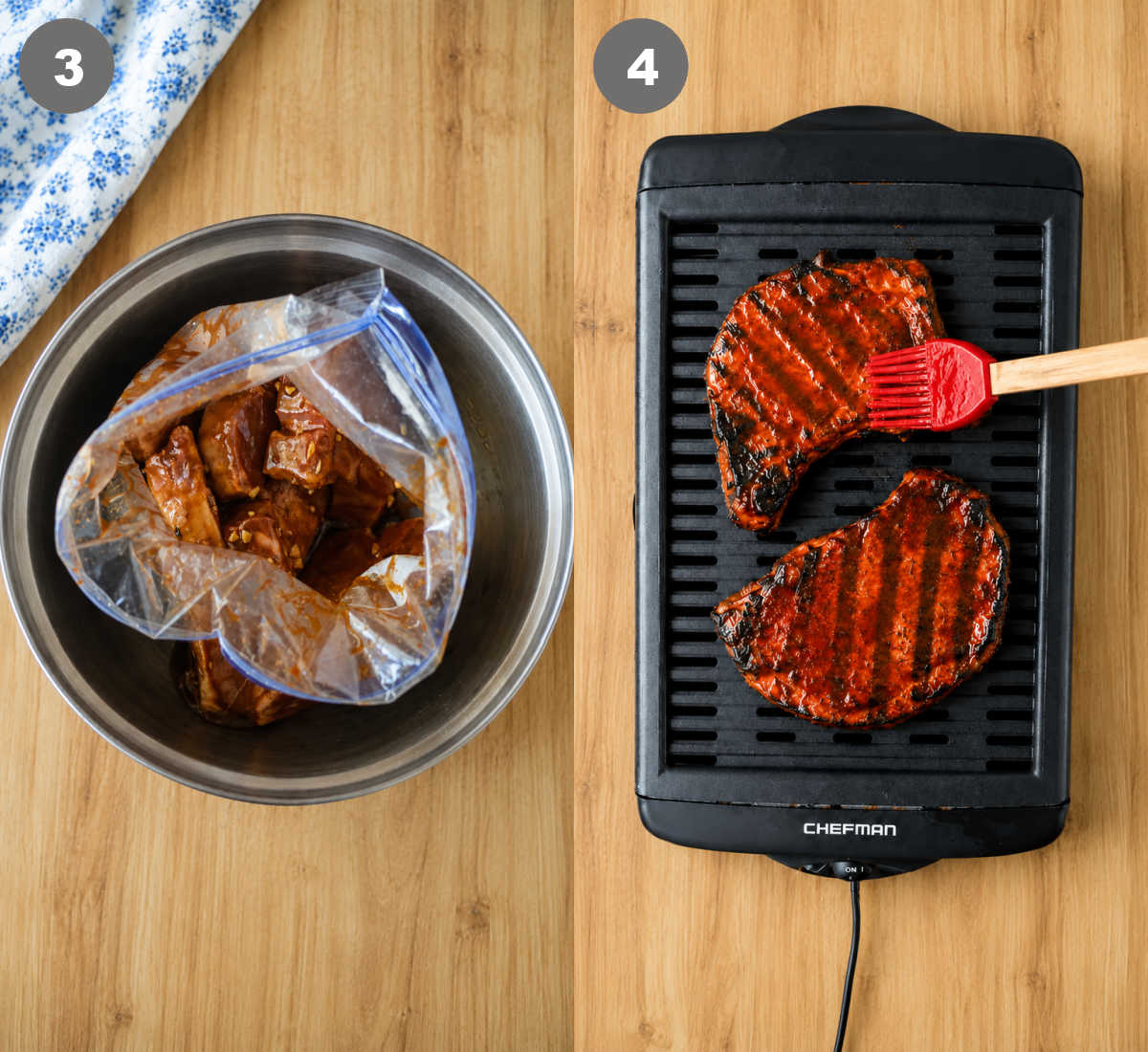 Steps 3 and 4 for making grilled hoisin pork chops.