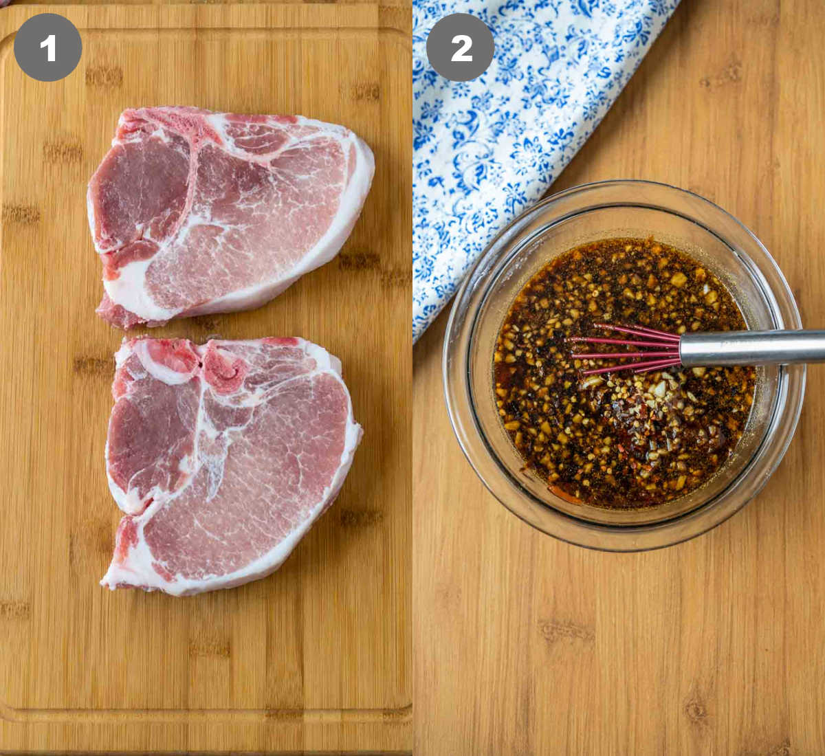 Steps 1 and 2 for making grilled hoisin pork chops.