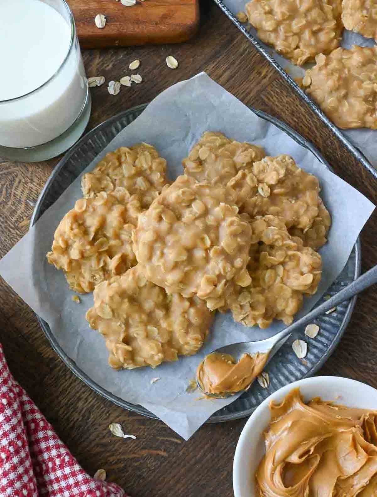 No bake oatmeal peanut butter cookies on a plate.