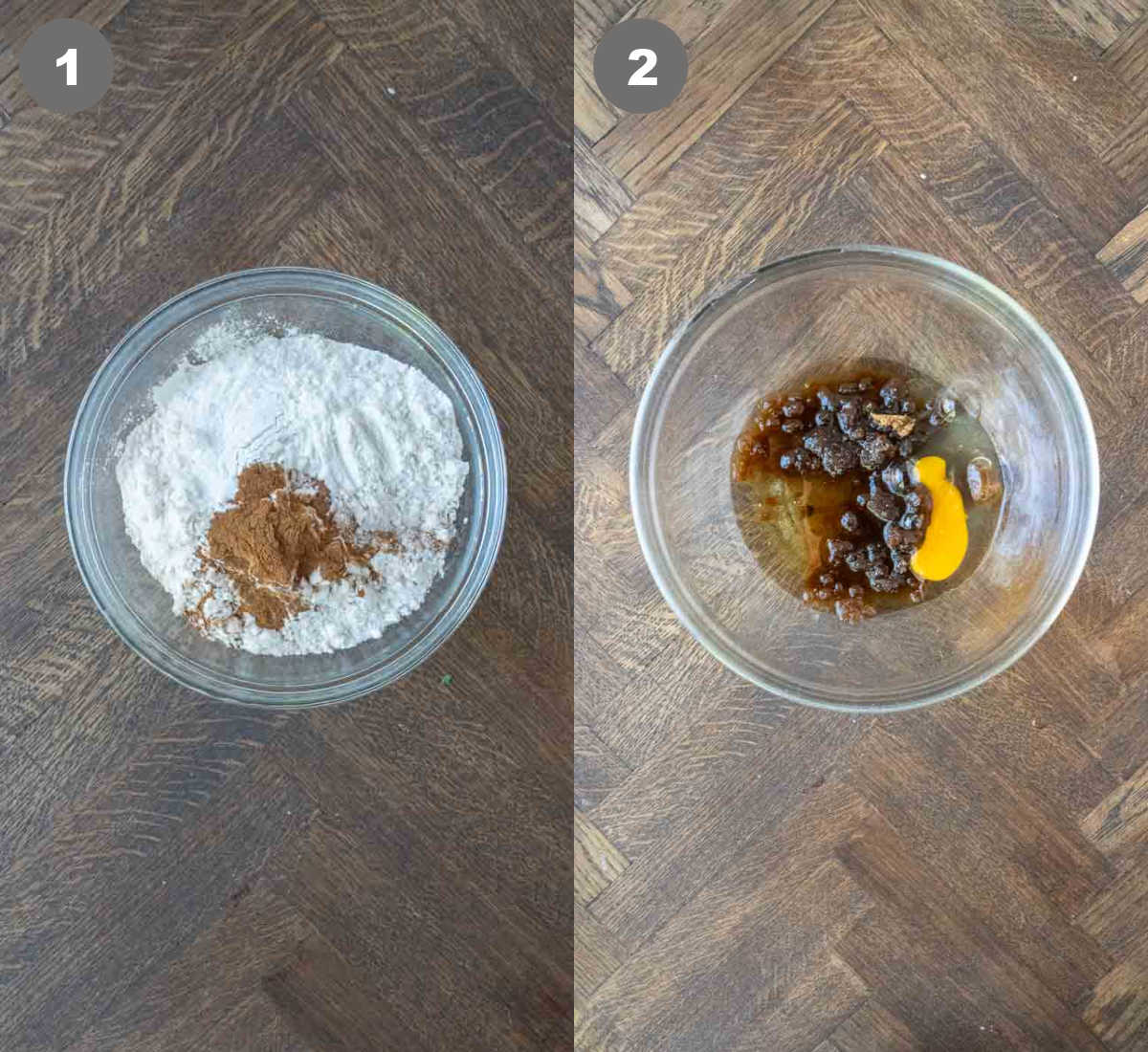 Steps 1 and 2 for making easy peanut butter banana muffins.