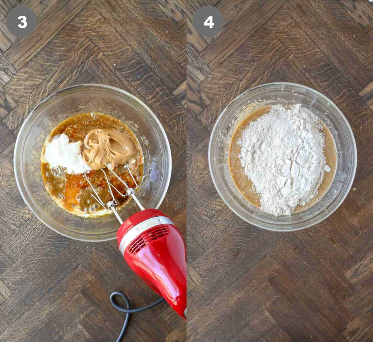 Steps 3 and 4 for making peanut butter banana muffins.