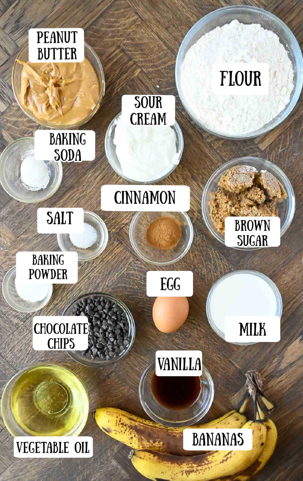 Labeled ingredients for easy peanut butter banana muffins.
