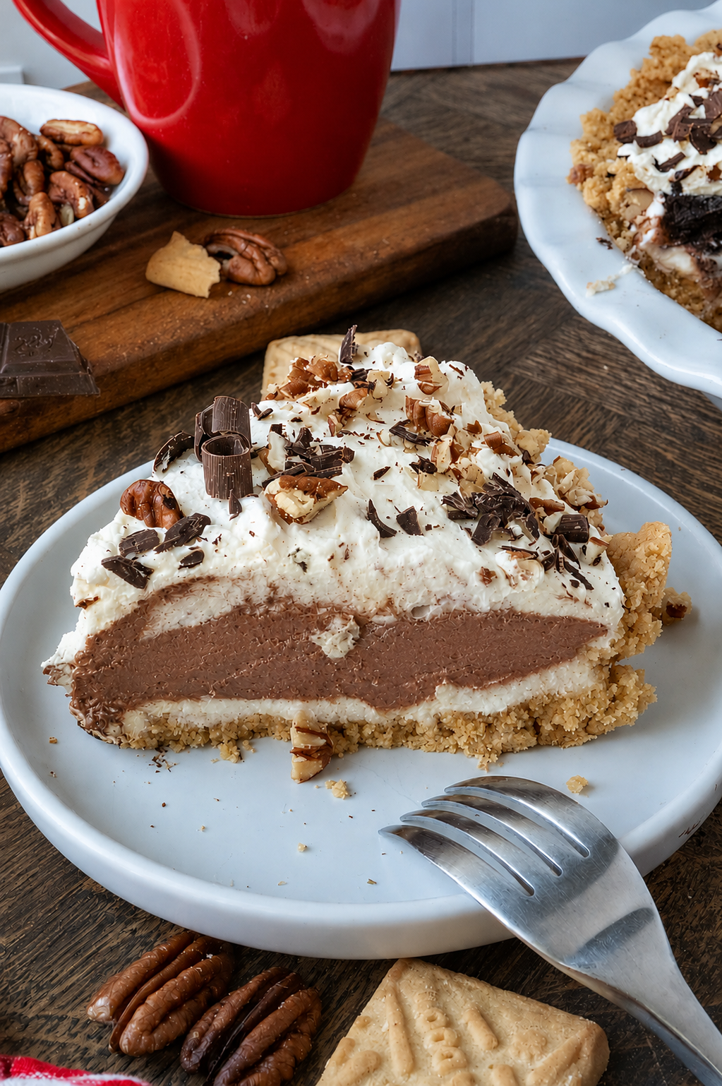 Side view of a slice of no bake possum pie on a plate.
