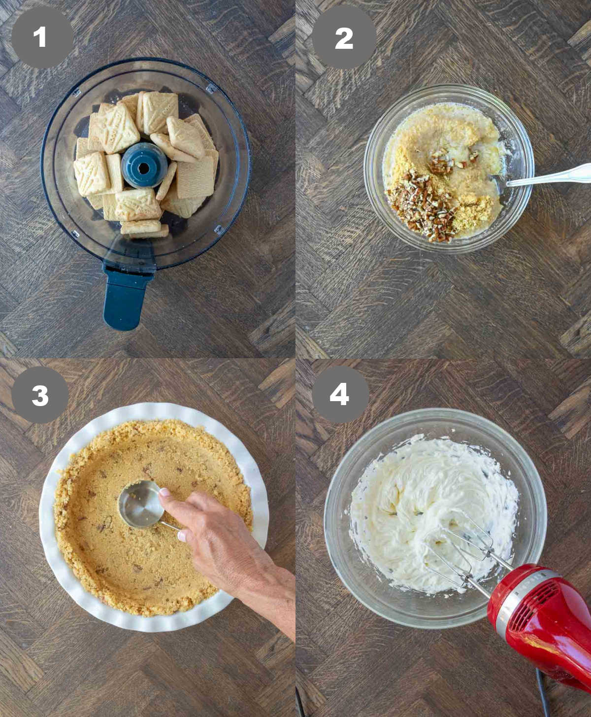 Steps 1 through 4 for making possum pie.