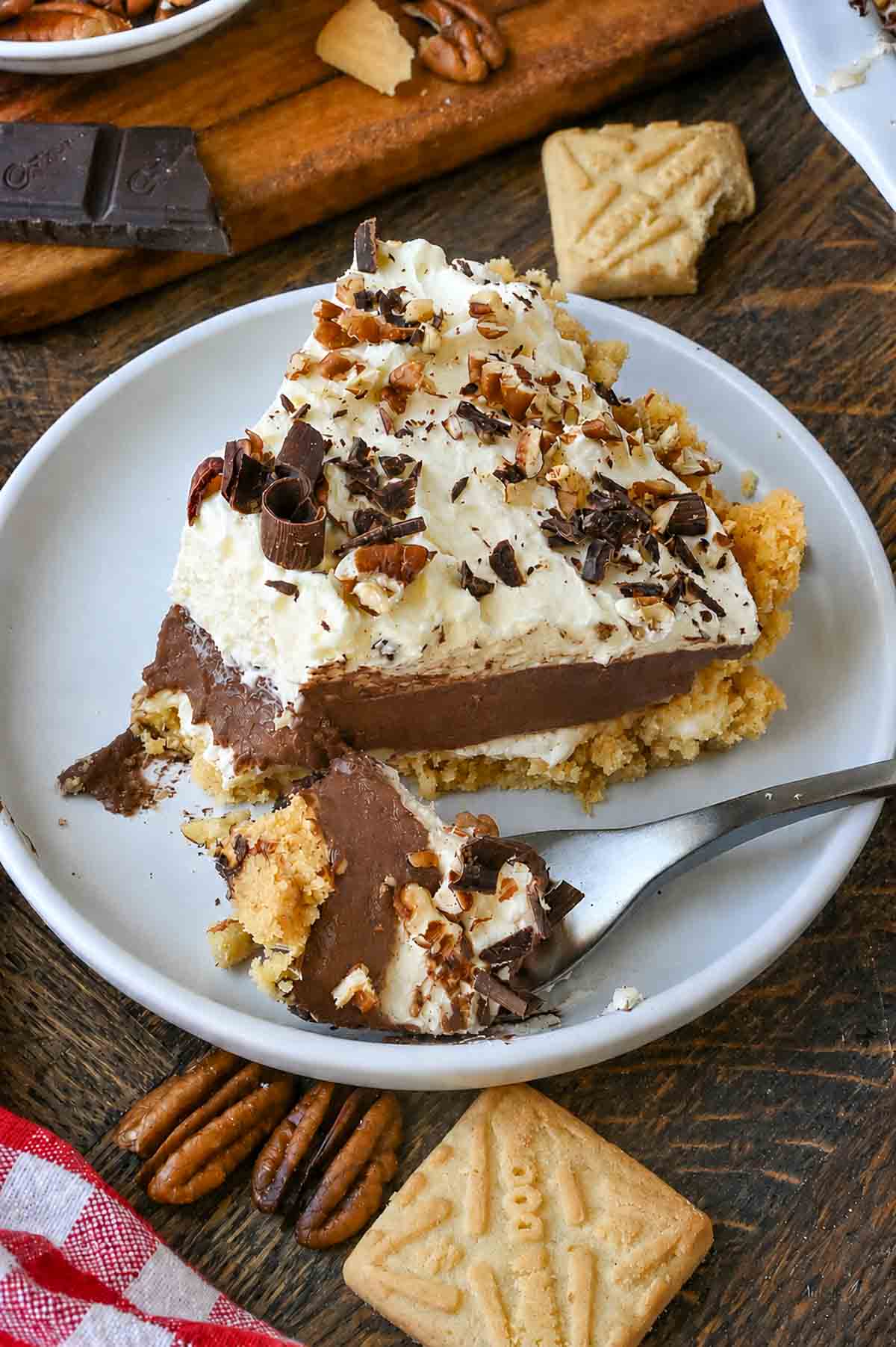 A plate with a slice of possum pie and a fork.