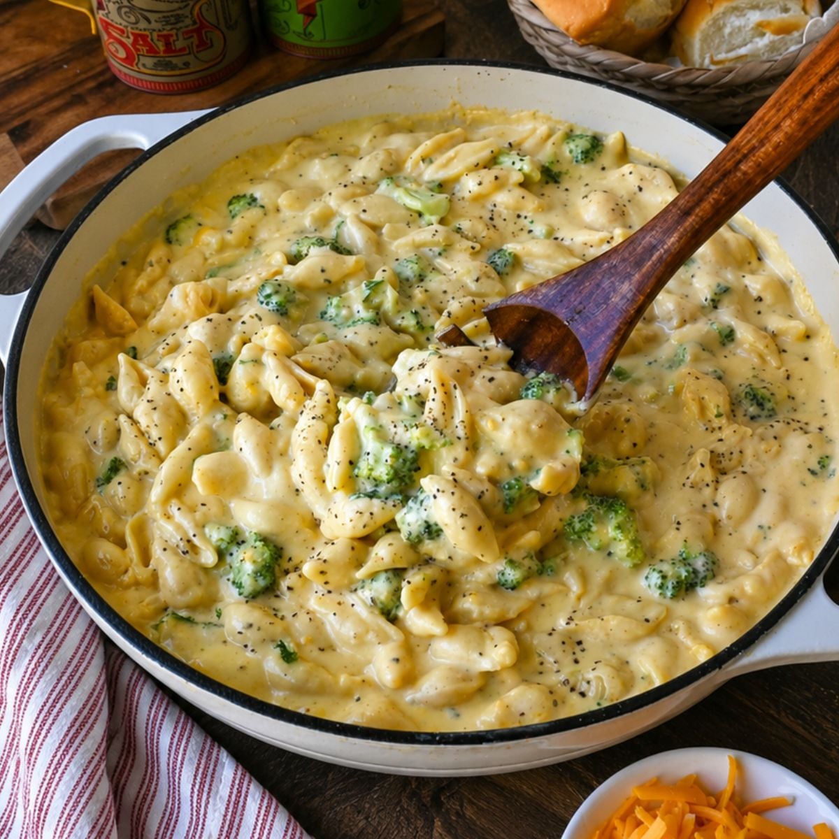 Mixing broccoli mac and cheese with a wooden spoon.