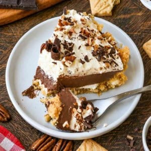 A plate with a slice of possum pie and a fork that's taken one scoop from the front of the slice.