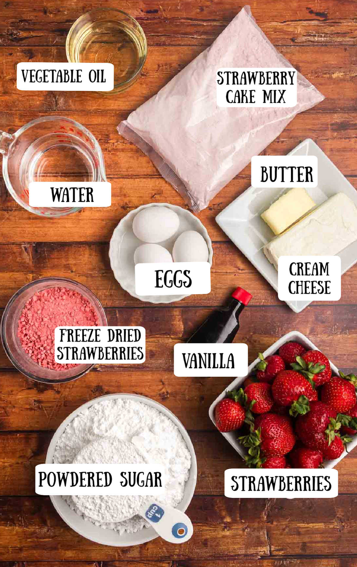 Labeled ingredients for strawberry sheet cake recipe.