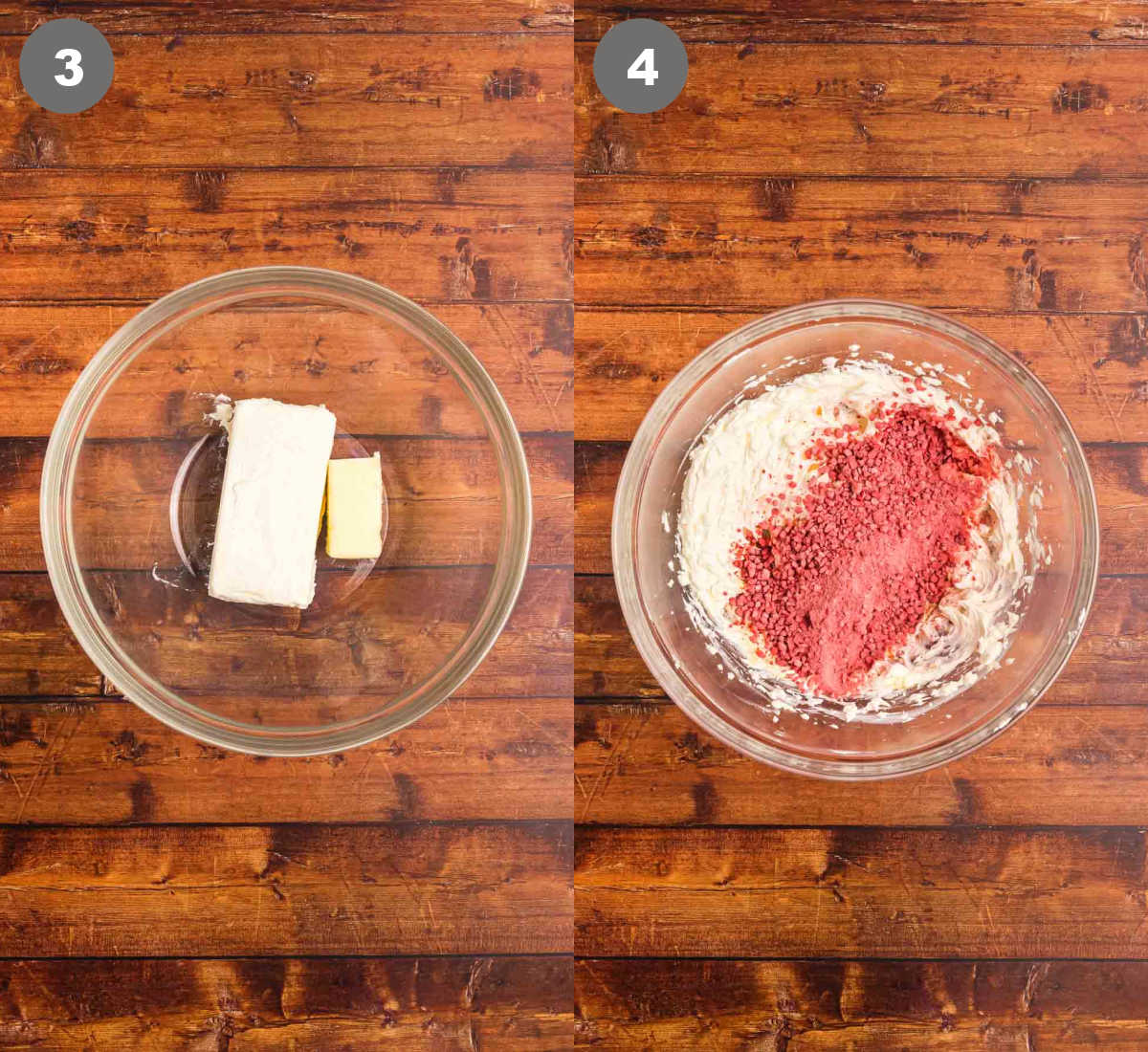 Steps 3 and 4 for making strawberry sheet cake.