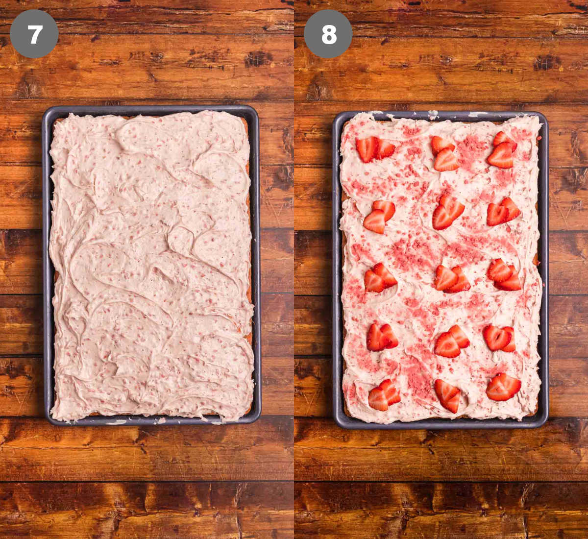 Steps 7 and 8 for making strawberry sheet cake.
