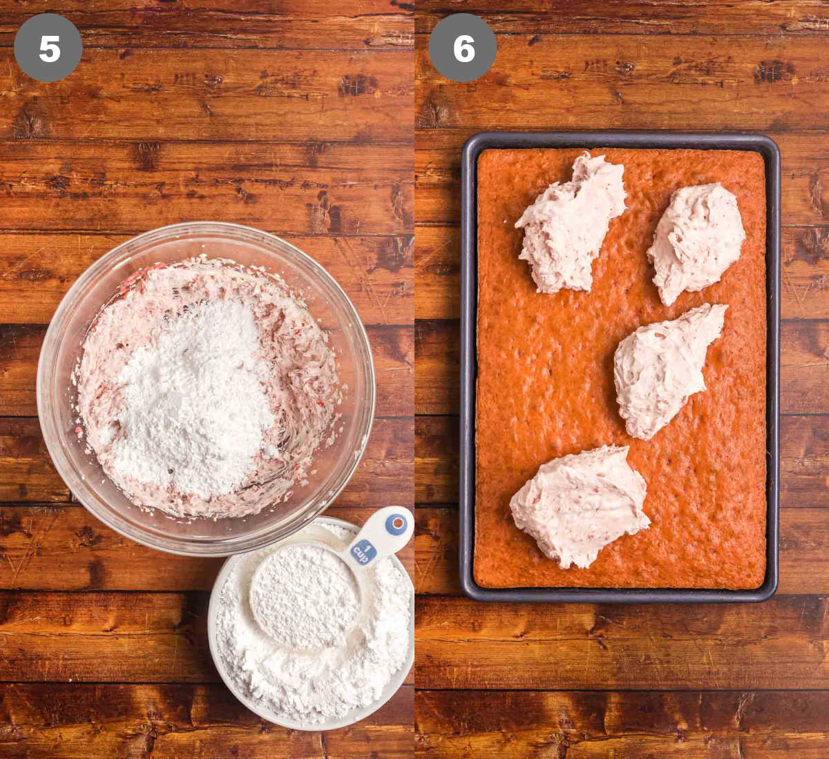 Steps 5 and 6 for making strawberry sheet cake.