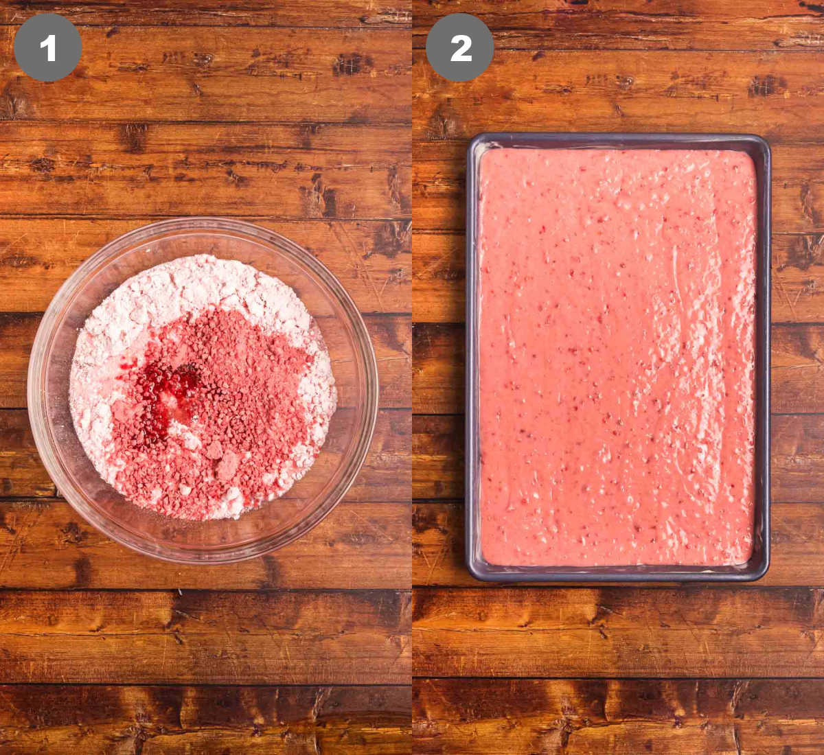 Steps 1 and 2 for strawberry sheet cake recipe.