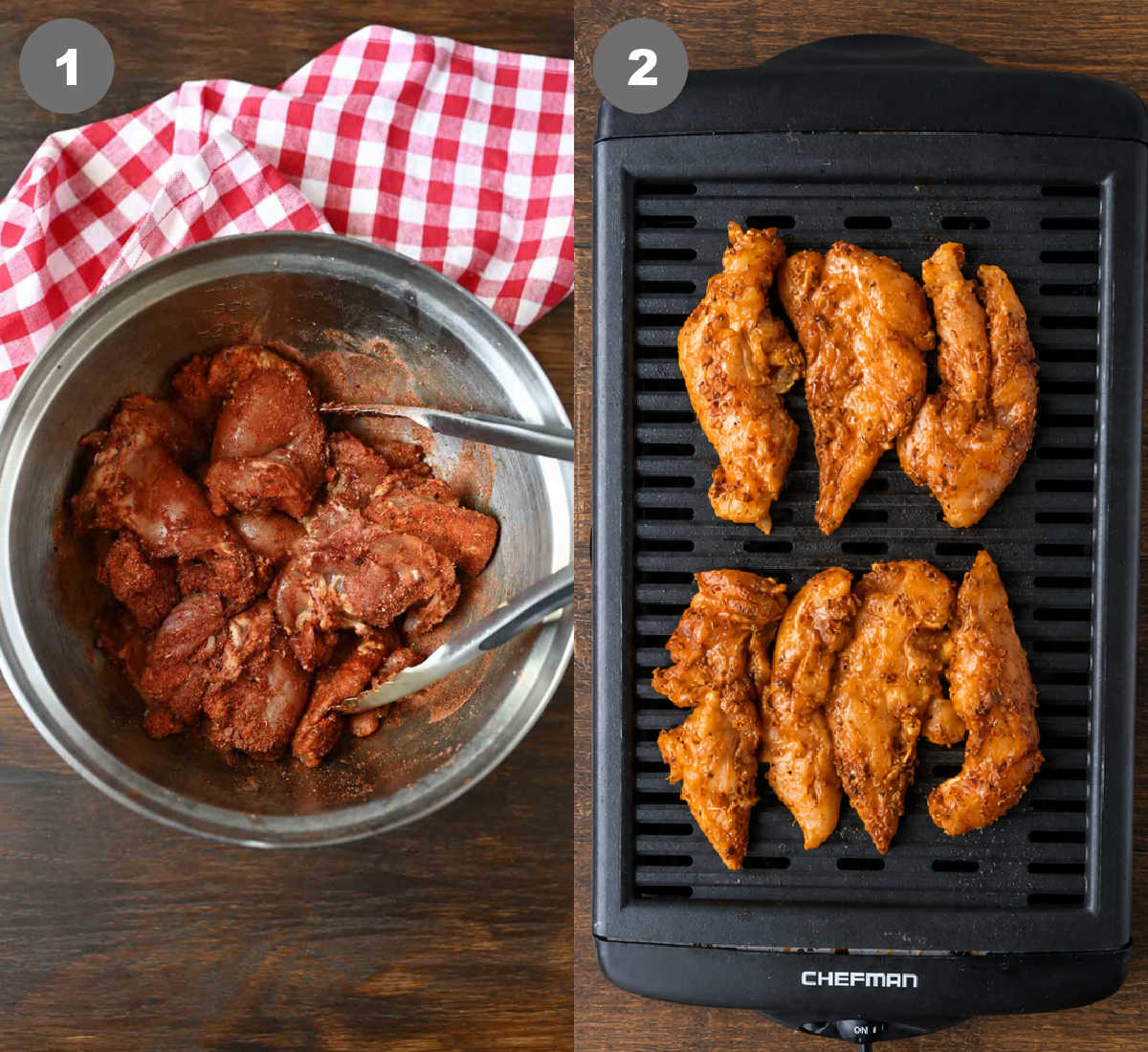 Chicken thighs tossed in a bowl with spices. Then grilled on a grill.