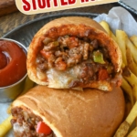 Pinterest graphic featuring sloppy joe stuffed rolls.