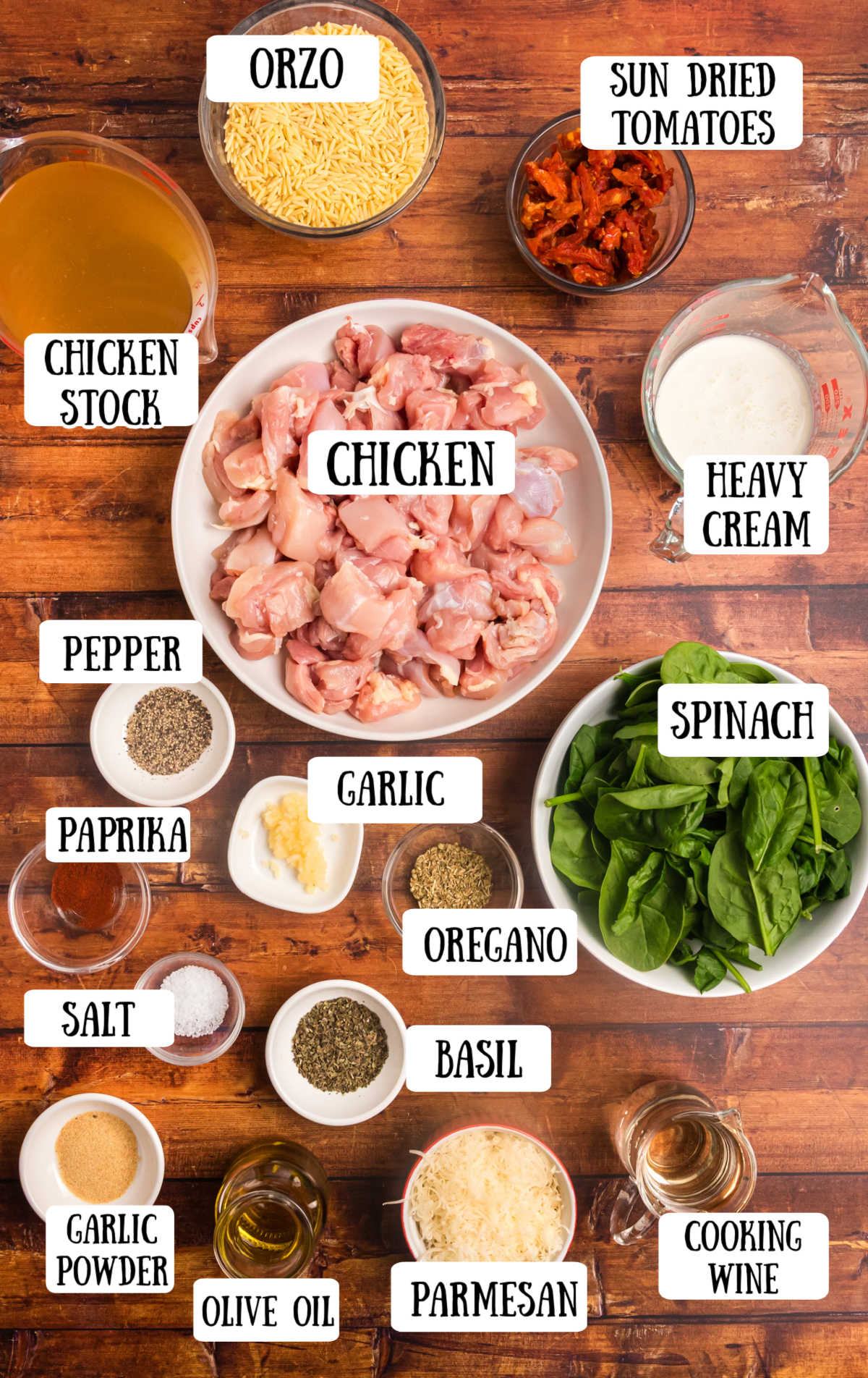 Labeled ingredients for marry me chicken orzo recipe.