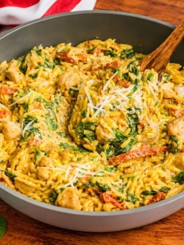 Marry me chicken orzo recipe in a bowl.