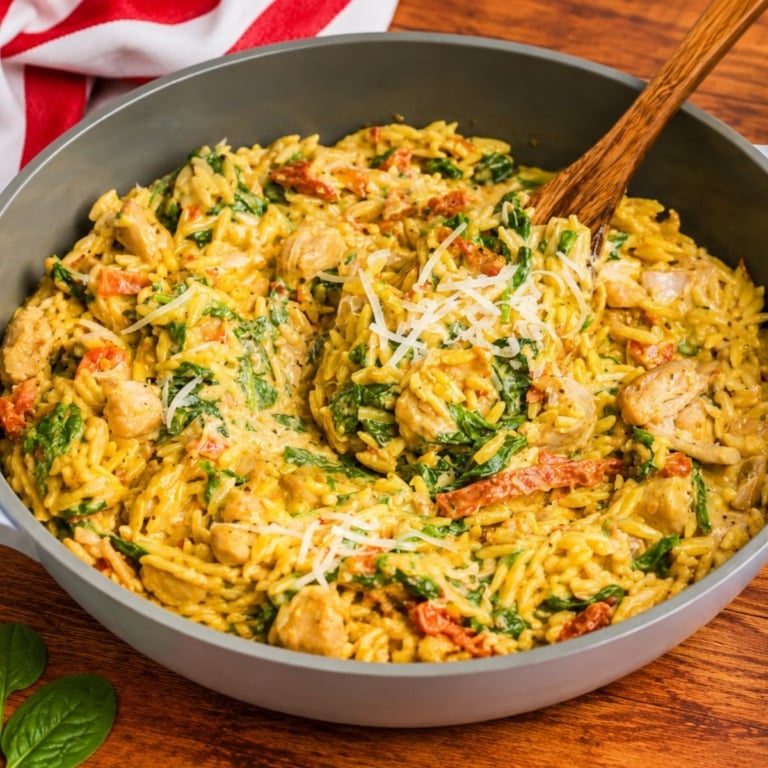 Marry me chicken orzo recipe in a bowl.