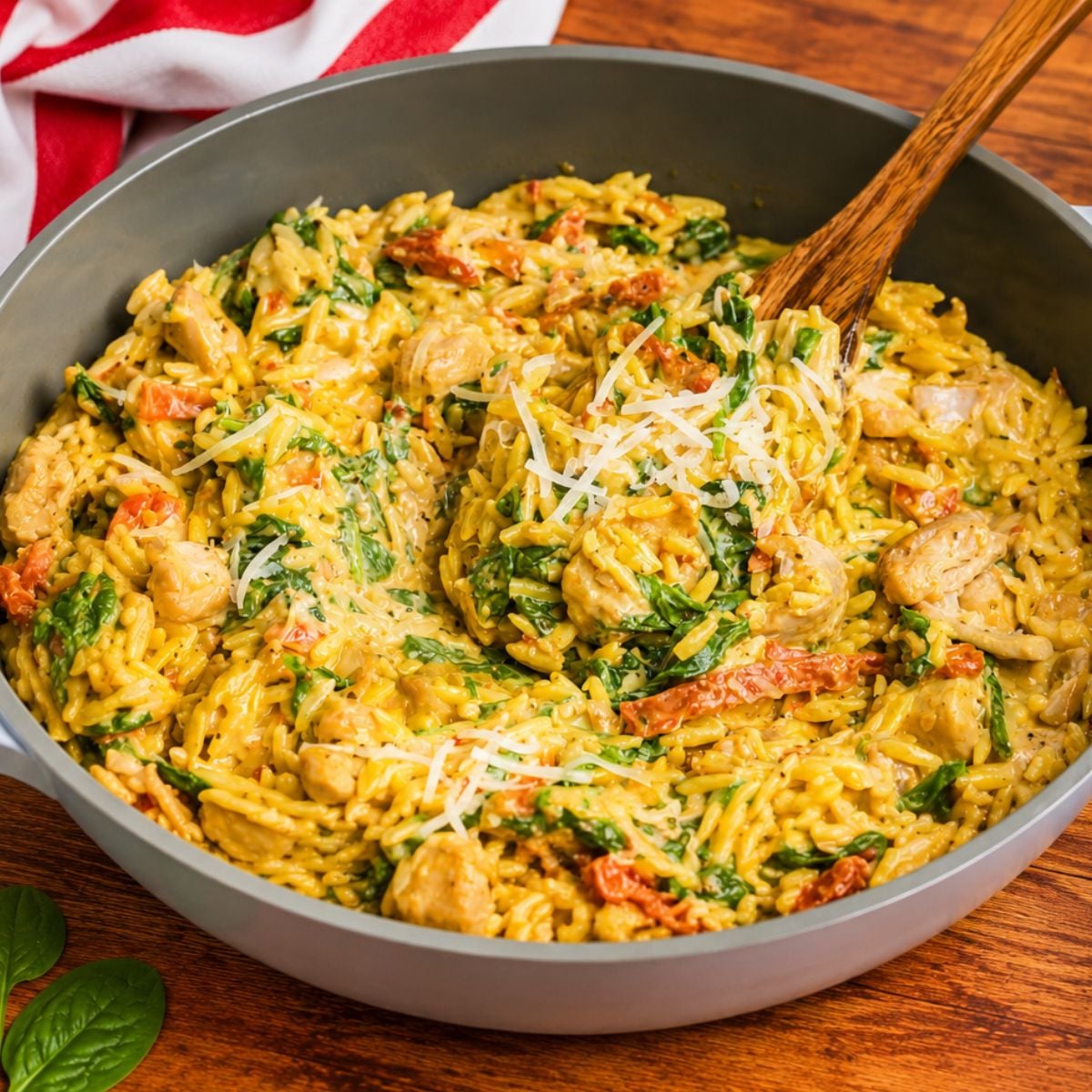 Marry me chicken orzo recipe in a bowl.