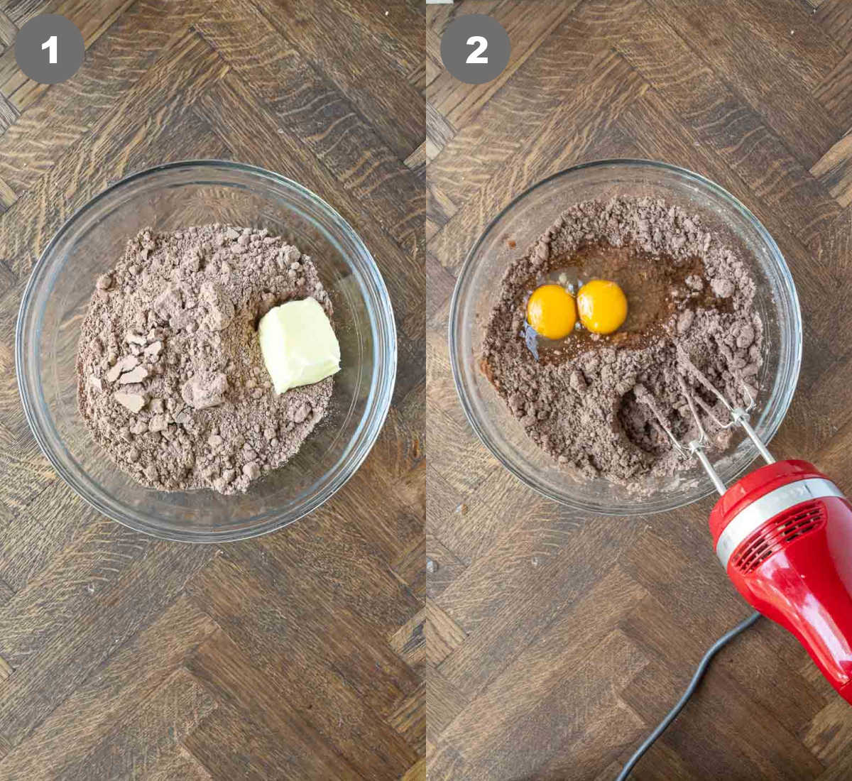 Steps 1 and 2 for making chocolate butter cake.