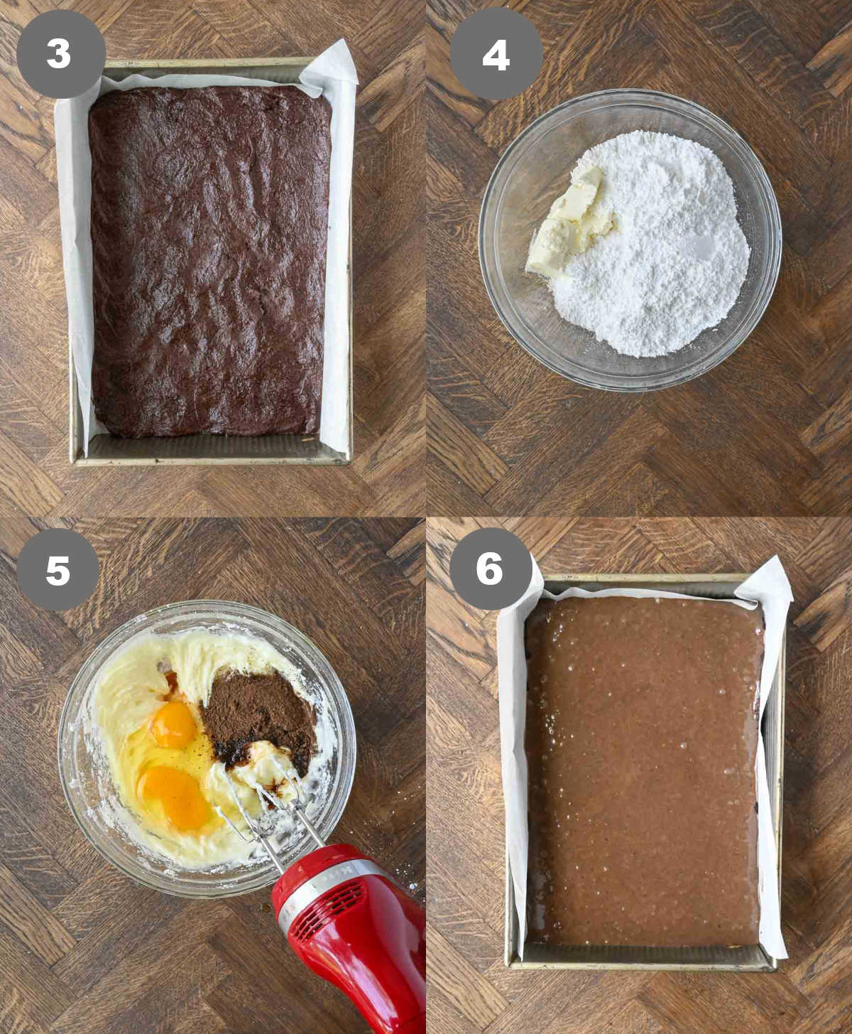 Steps 3 through 6 for making gooey butter cake.