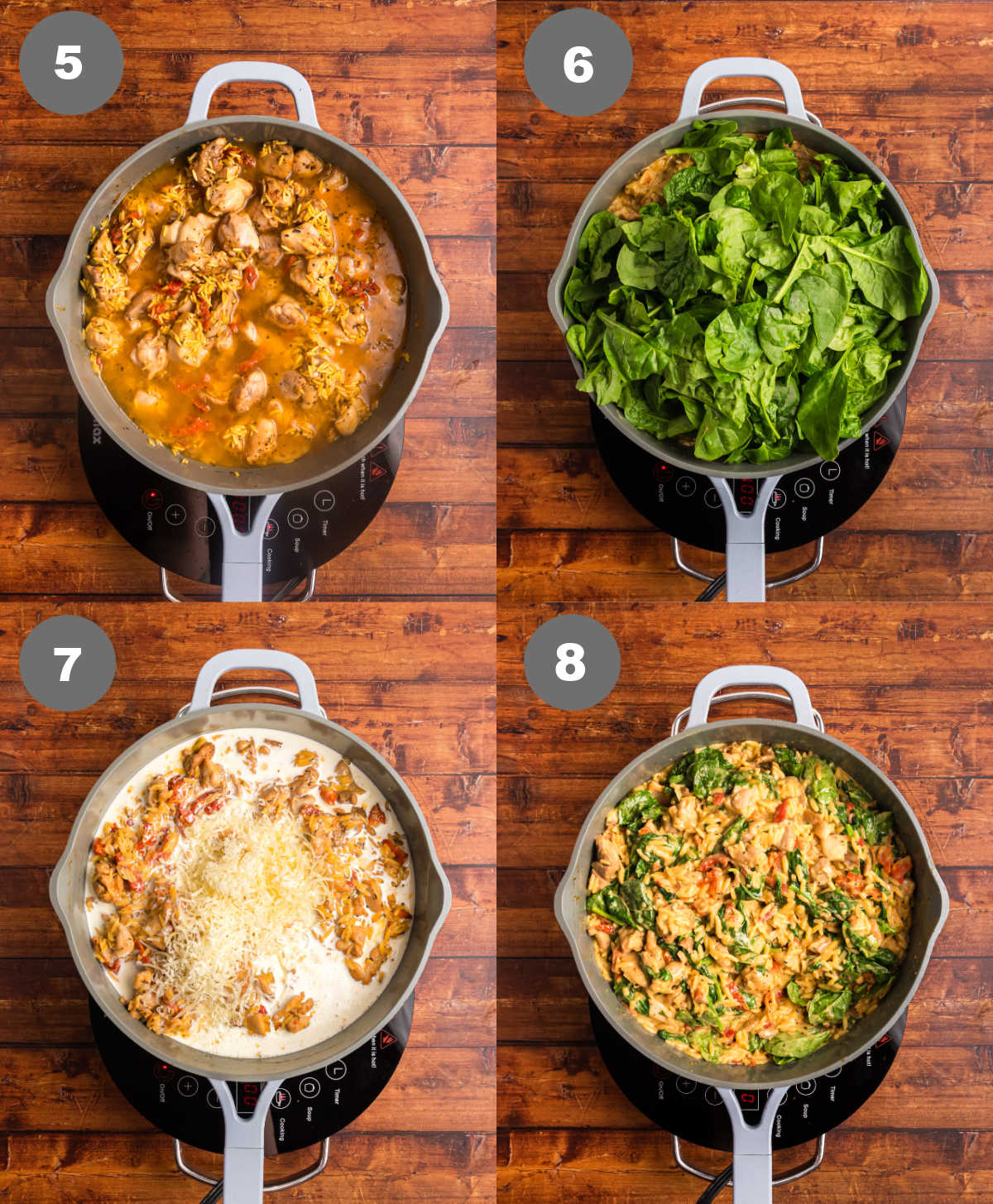 Steps 5 through 8 for making marry me chicken orzo.