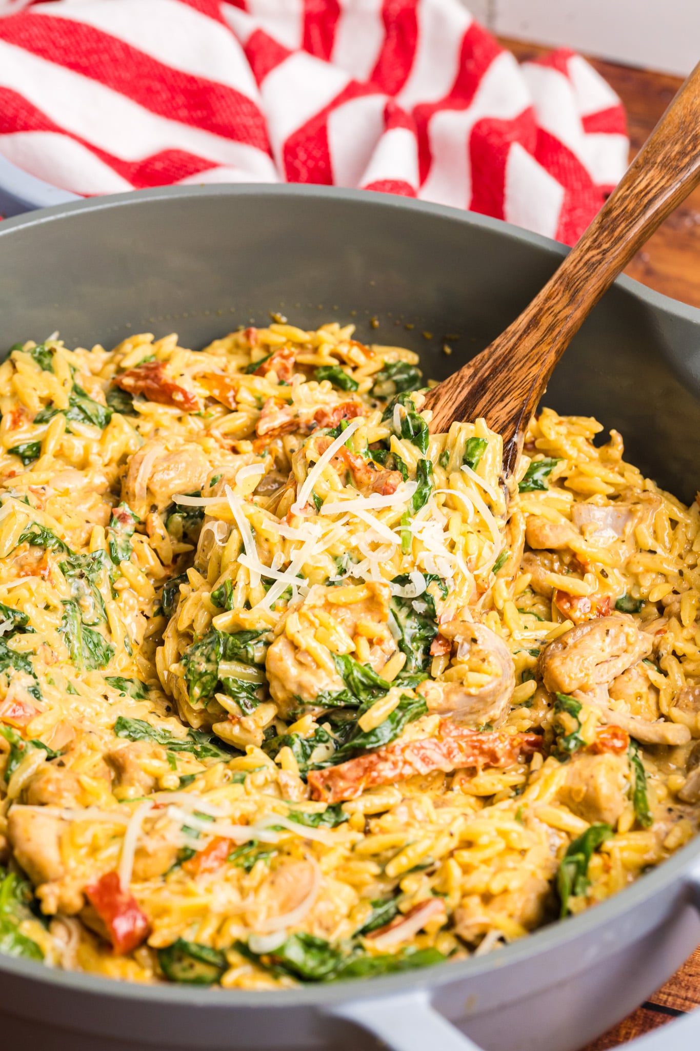A bowl full of marry me chicken orzo.