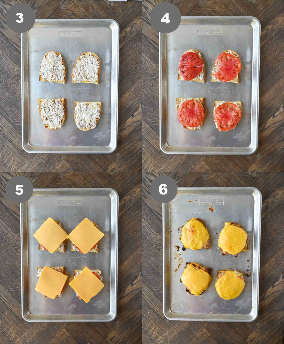 Steps 3 through 6 for making tuna melts.