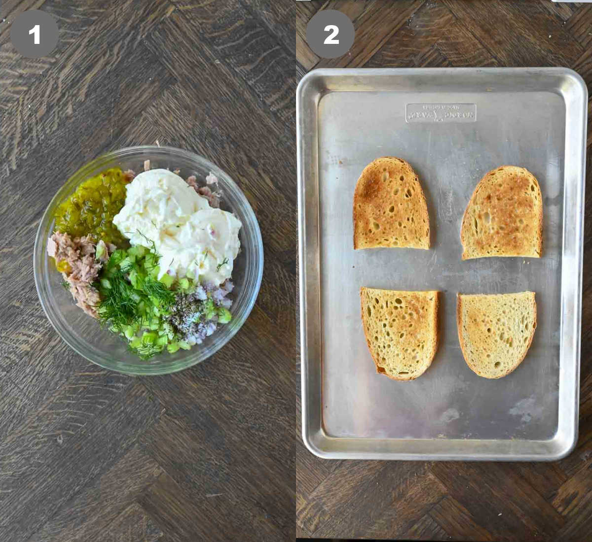 Steps 1 and 2 for making open face tuna melts.