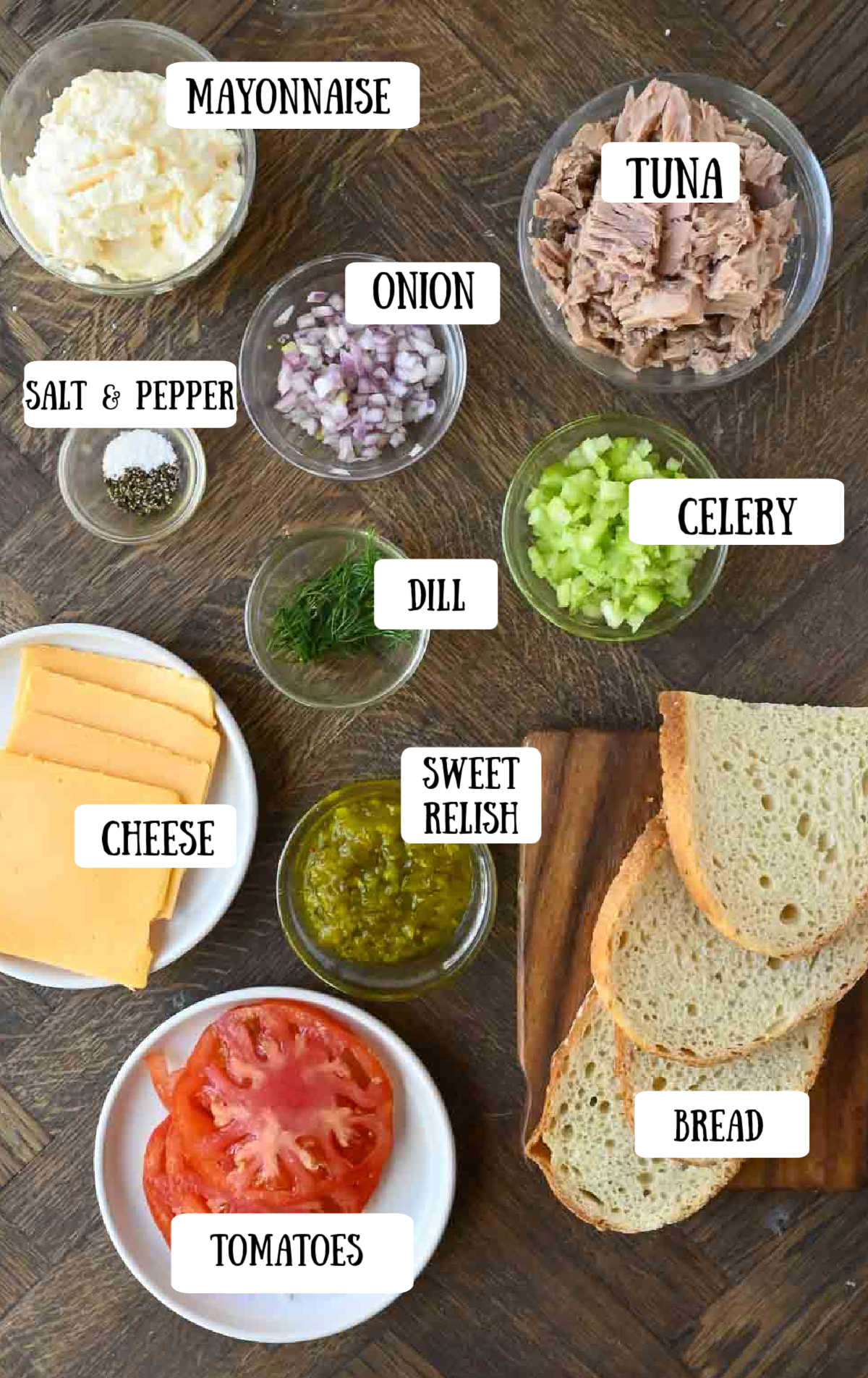 Labeled ingredients for open face tuna melts.