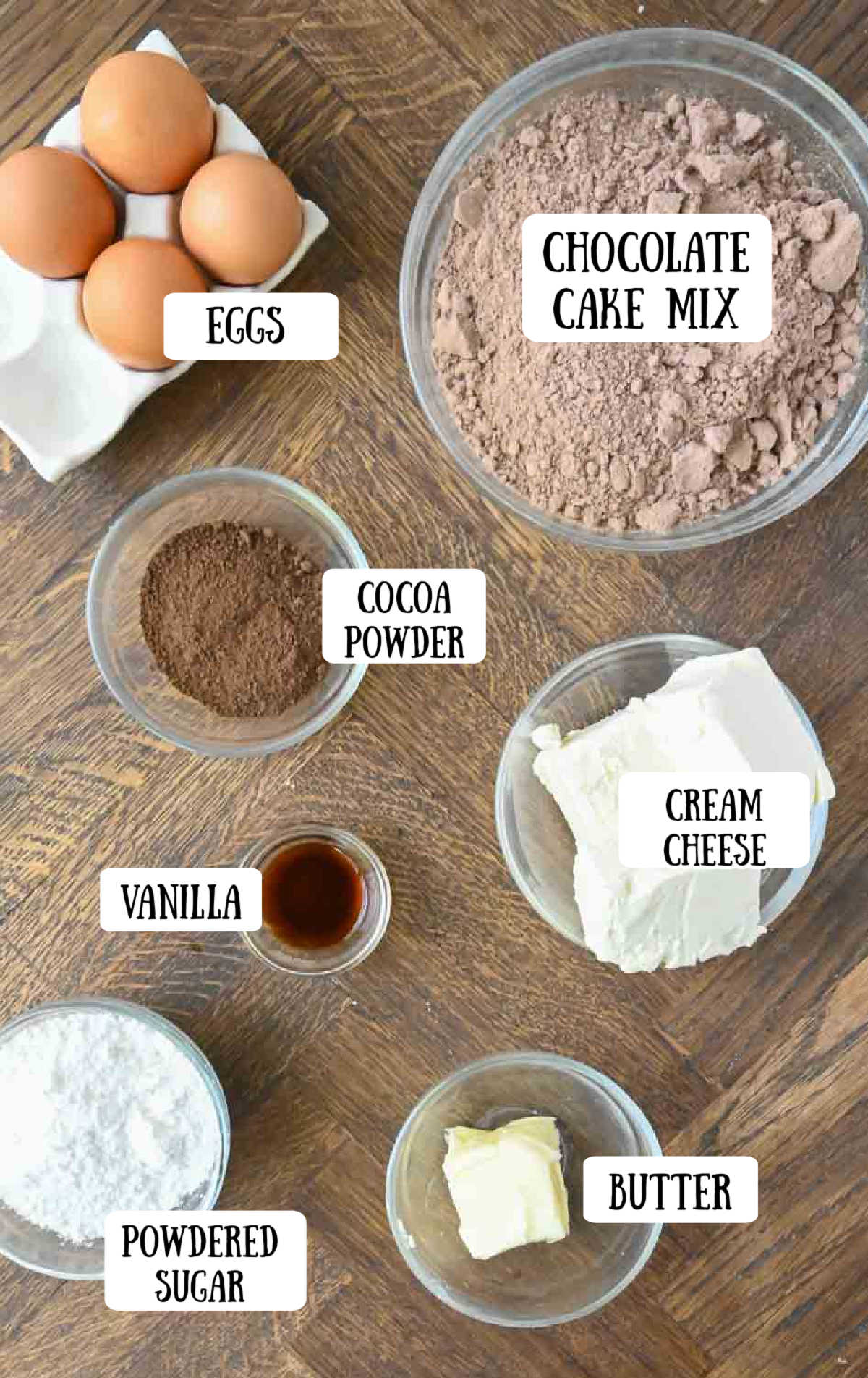 Labeled ingredients for gooey chocolate butter cake.