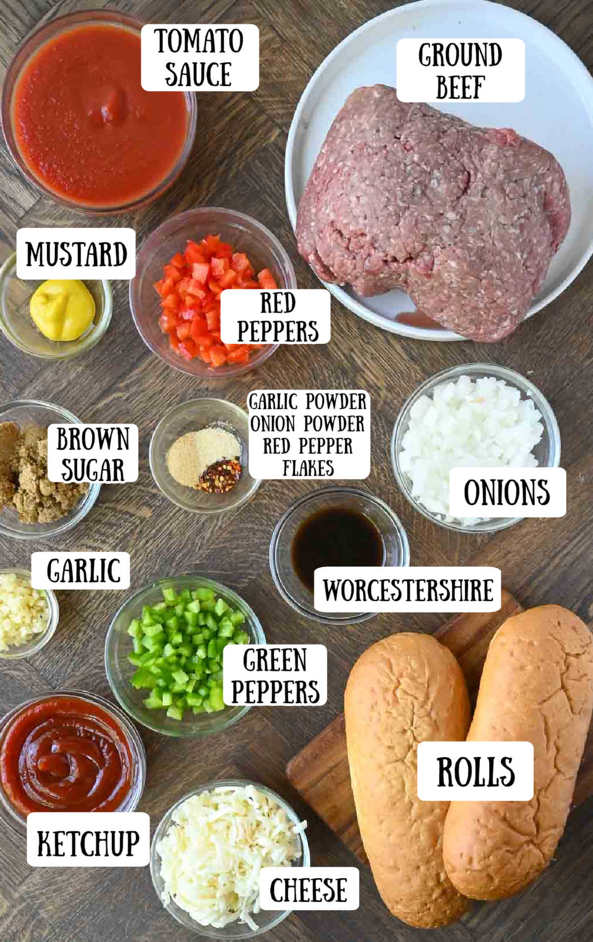 Labeled ingredients for sloppy joe stuffed rolls.