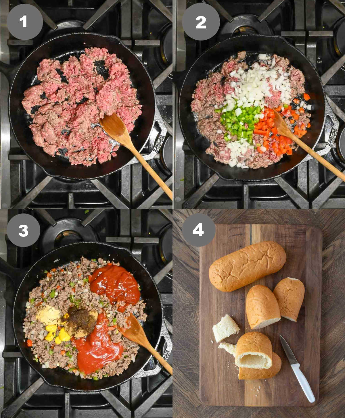 Steps 1 through 4 for making sloppy joe rolls.