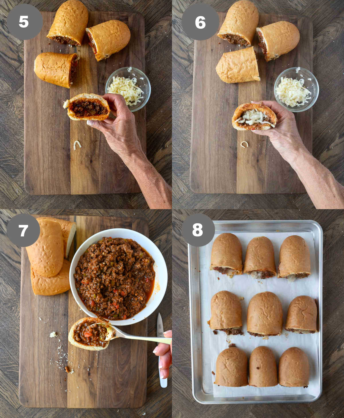 Steps 5 through 8 for making stuffed sloppy joe rolls.