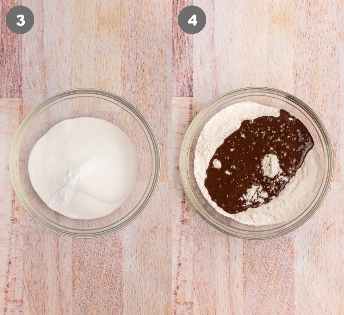 Dry ingredients mixed in a bowl with chocolate ingredients added in.