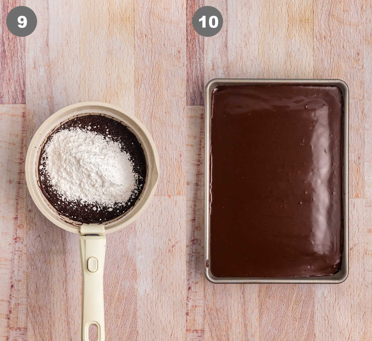 Powdered sugar added into a saucepan with melted chocolate. Then spread over the cake.