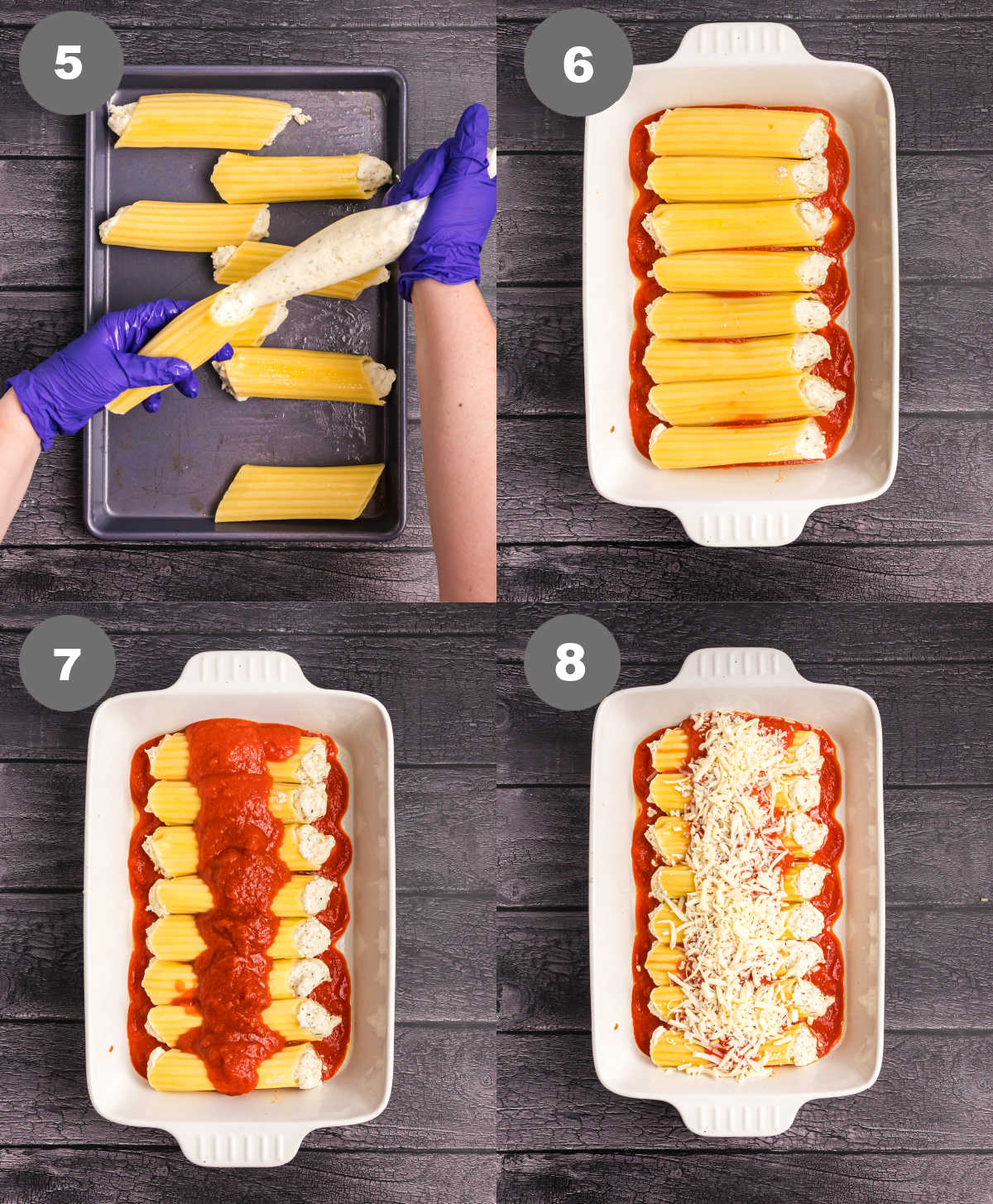 Manicotti being filled with cheese and placed into a baking dish.