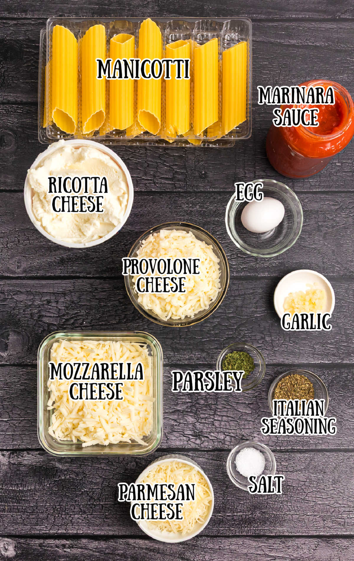 All of the ingredients needed for this manicotti.