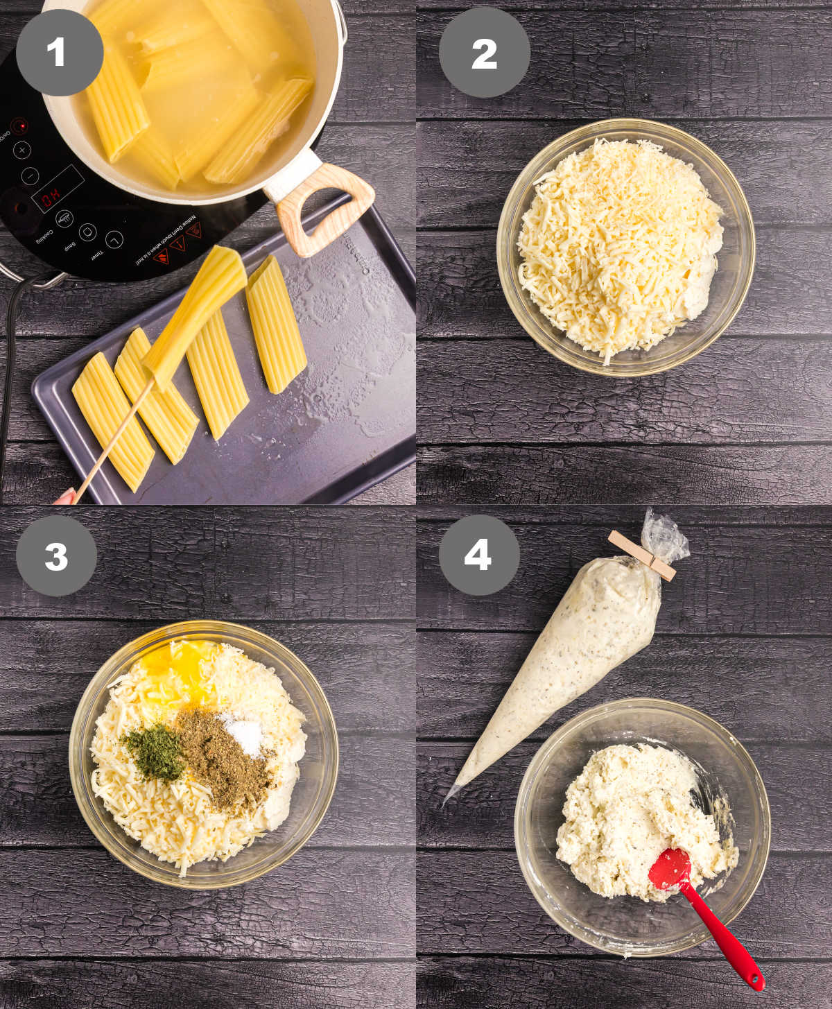 Manicotti cooked and cheese mixture being mixed in a bowl.