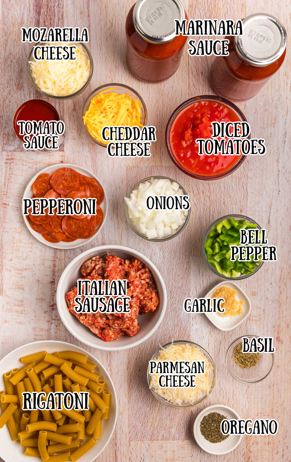 All of the ingredients needed for this crock pot pizza casserole.