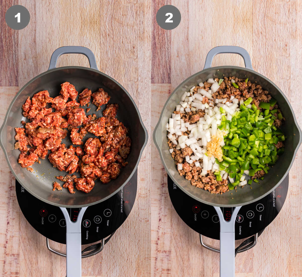 Italian sausage being browned in a skillet, then onions and green peppers added in.