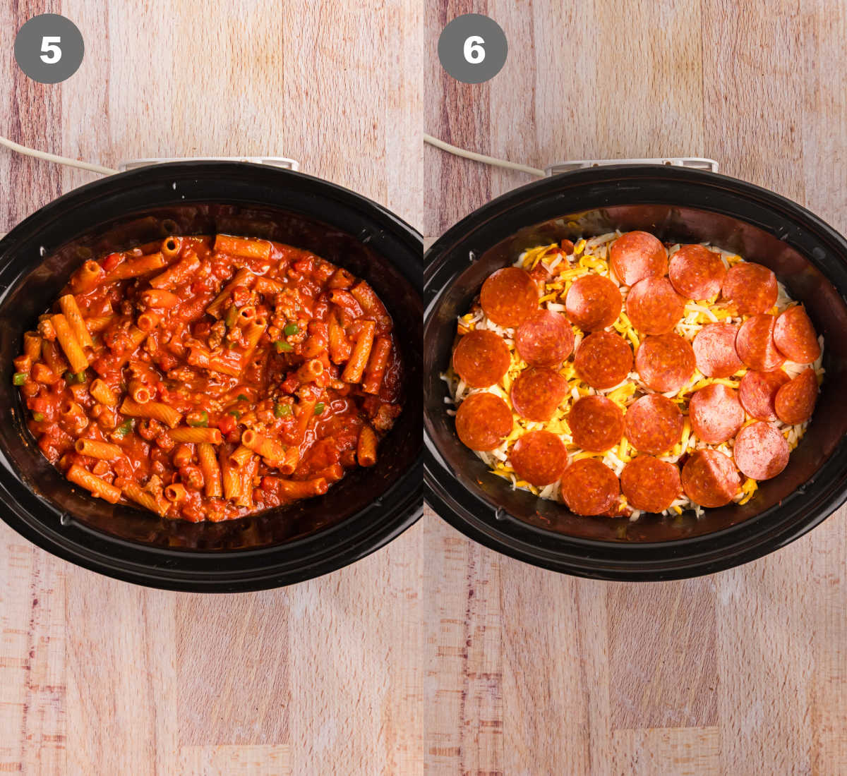 Everything cooked in the slow cooker and pepperonis added on top with cheese.