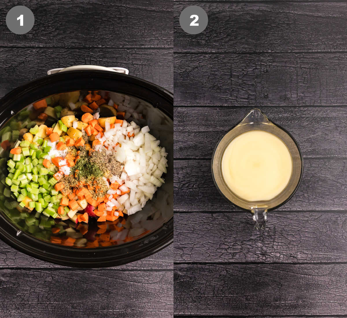 Chicken stew ingredients in the crock pot and cornstarch mixture in another bowl.