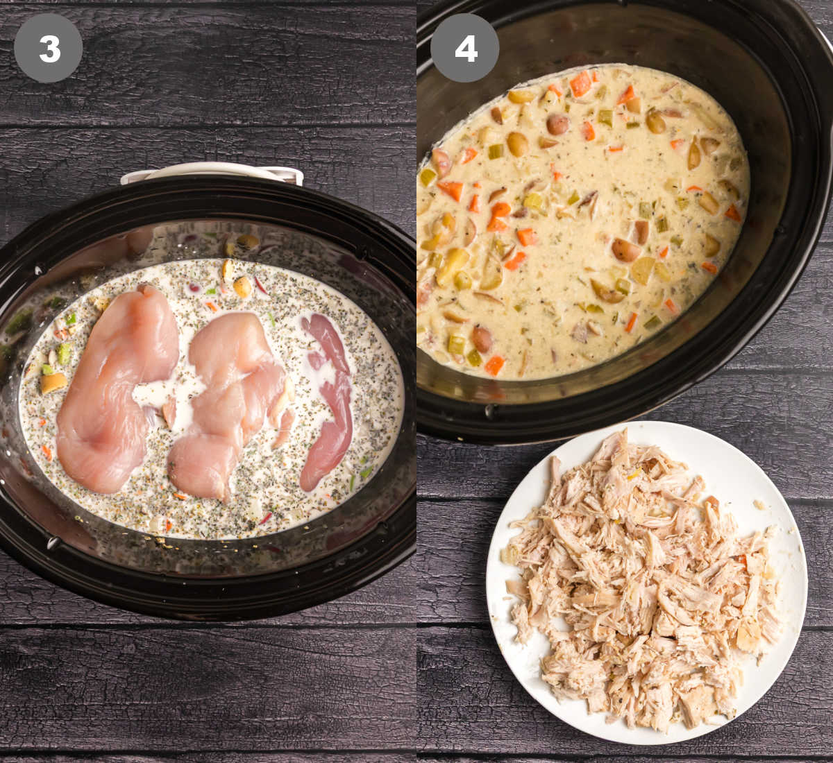 Chicken places into the stew misxture, cooked then shredded.