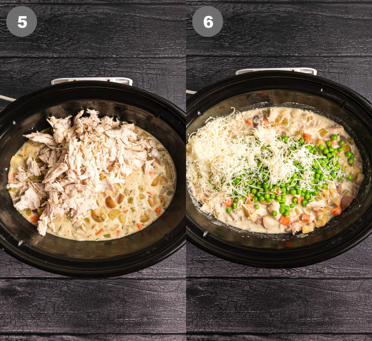 Shredded chicken added back into the stew, peas and Parmesan cheese added in.